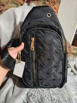 Dark Quilted Sling Bag with Gold Zippers