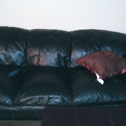 Genuine Real Leather Love Seat And Couch Dark Green Normal Wear And Tear