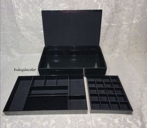 Vtg SKS Black Silver Safe Keeper Jewelry Organizer Storage Box Removable Trays