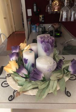 Ceramic plate holder with beautiful floral candles center show piece