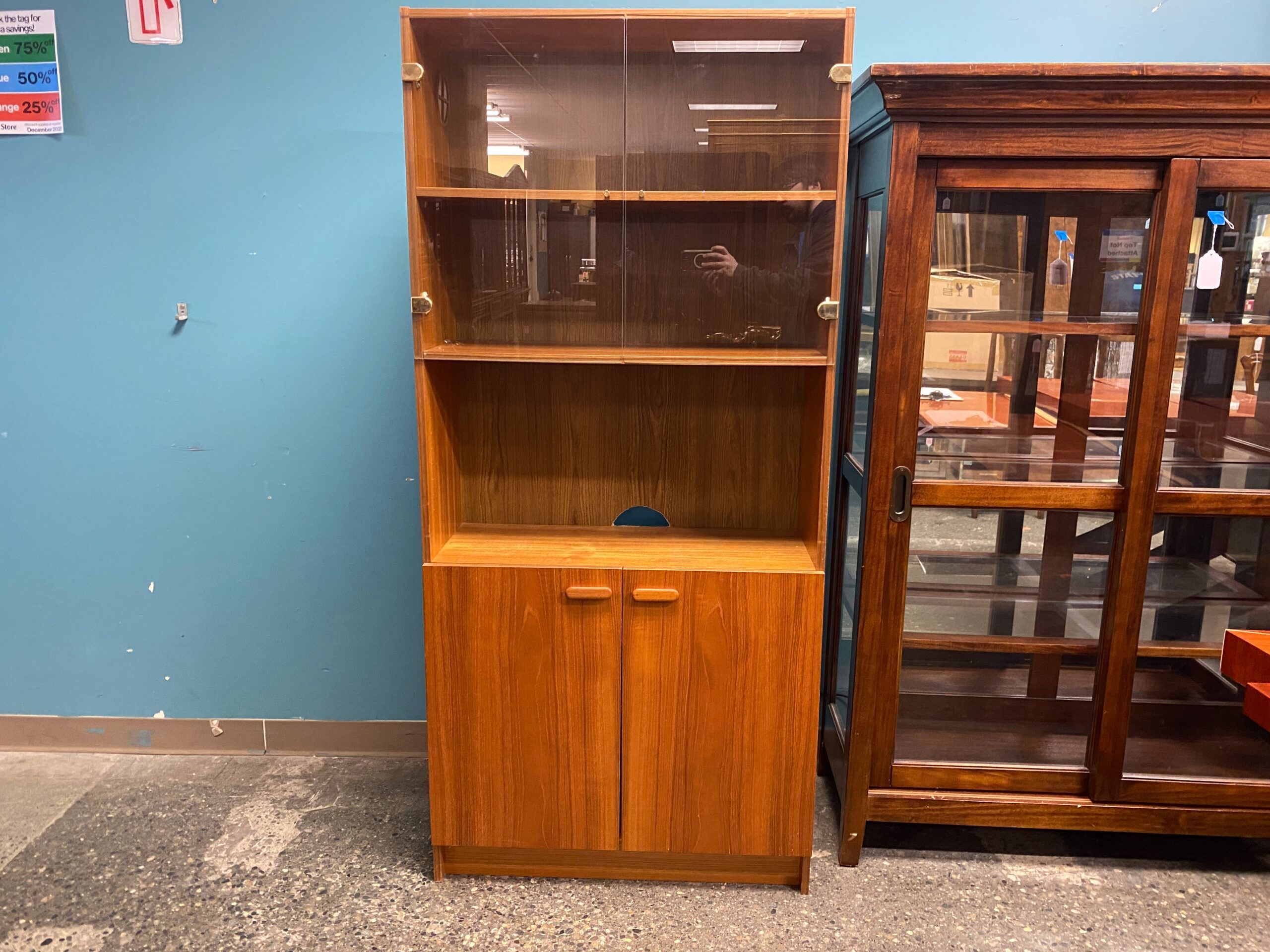Teak Finish Bookcase w/ Glass Doors