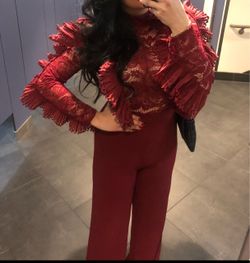 Red Lace Fringe Crop Top and Wide-jumpsuit