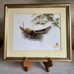 Framed Hand-Embroidered Silk Vietnamese River Scene Art Piece 