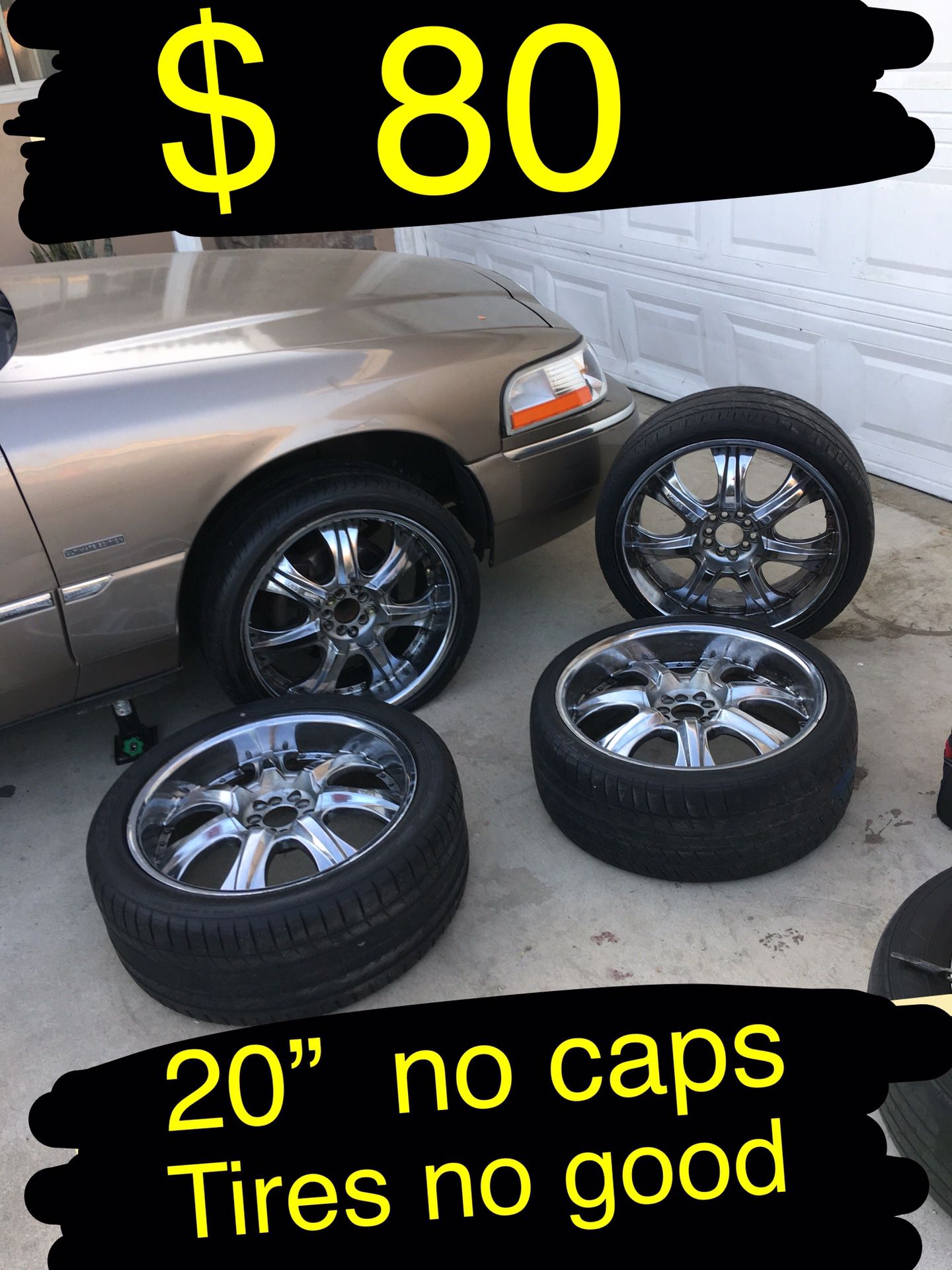 Universal 5 lug 20” chrome rims /wheels No center caps $80 takes them no less. Tires no good