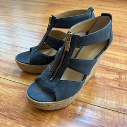 MICHAEL KORS Damita Canvas Platform Zip Wedge Sandals Navy Blue
