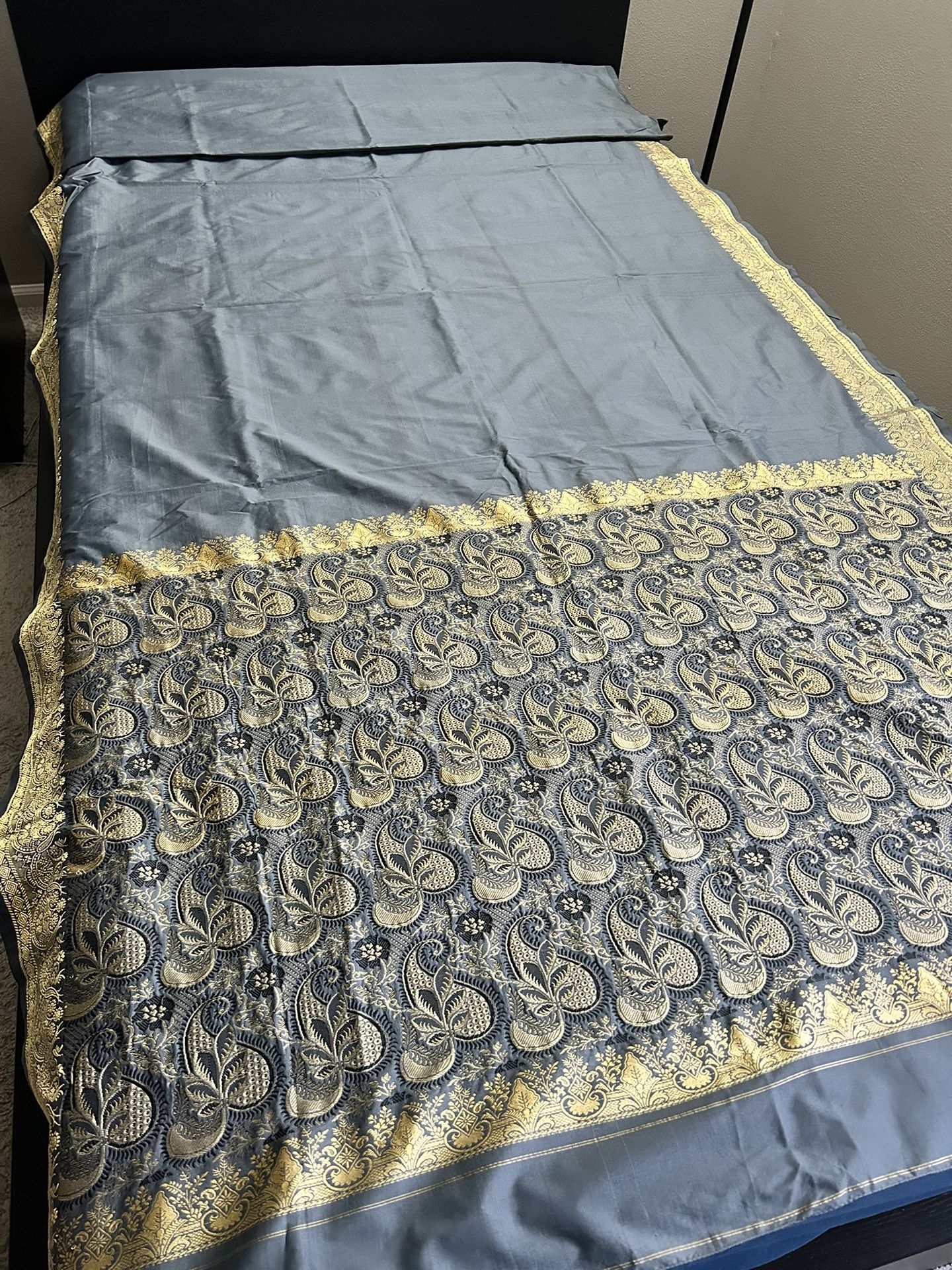 Elegant Party Wear Steel-grey and Gold Silk Sari