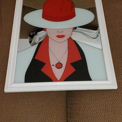Vintage Painted Mirror 80s 90s Woman In Red Hat