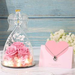 Glass Angel Figure With Real Preserved Pink Roses & LED Light Up. Brand new,