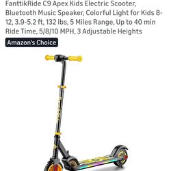 FanttikRide C9 Apex Kids Electric Scooter, Bluetooth Music Speaker, Colorful Light for Kids 8-12, 3.9-5.2 ft, 132 lbs, 5 Miles Range, Up to 40 min Rid