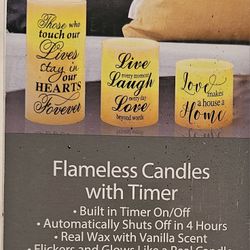 True Living Flameless Candles w Timer Real Wax Vanilla Scent Flickers Glows 3 Pc