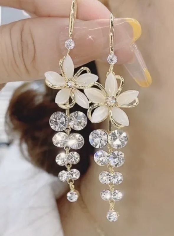 Gold Plated Flower Crystal Tassel Earrings Drop Dangle