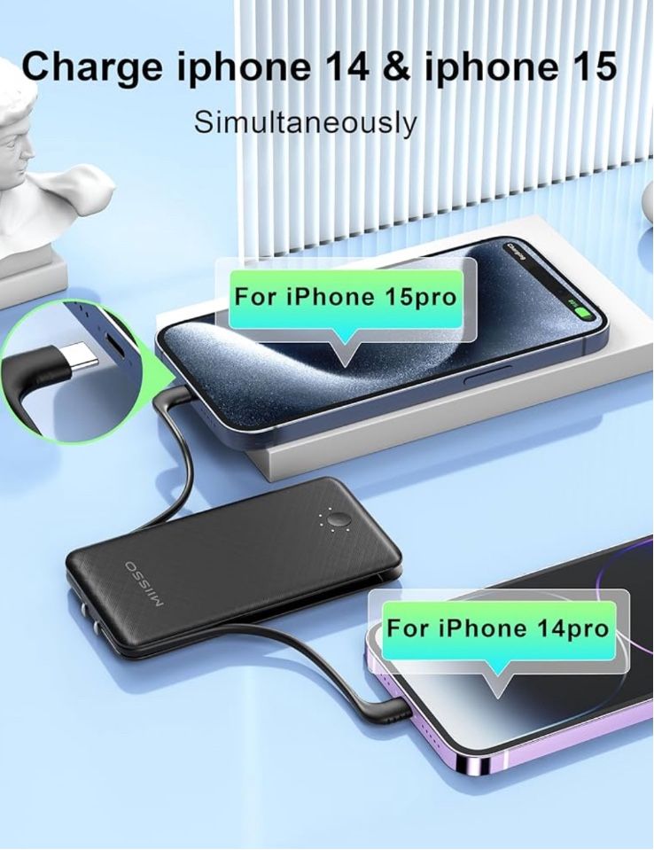 Ultra Slim 10000mAh Power Bank Built-in Cables and Foldable AC Wall Plug, Pocket Size USB C Portable Charger, External Battery Pack Compatible with iP