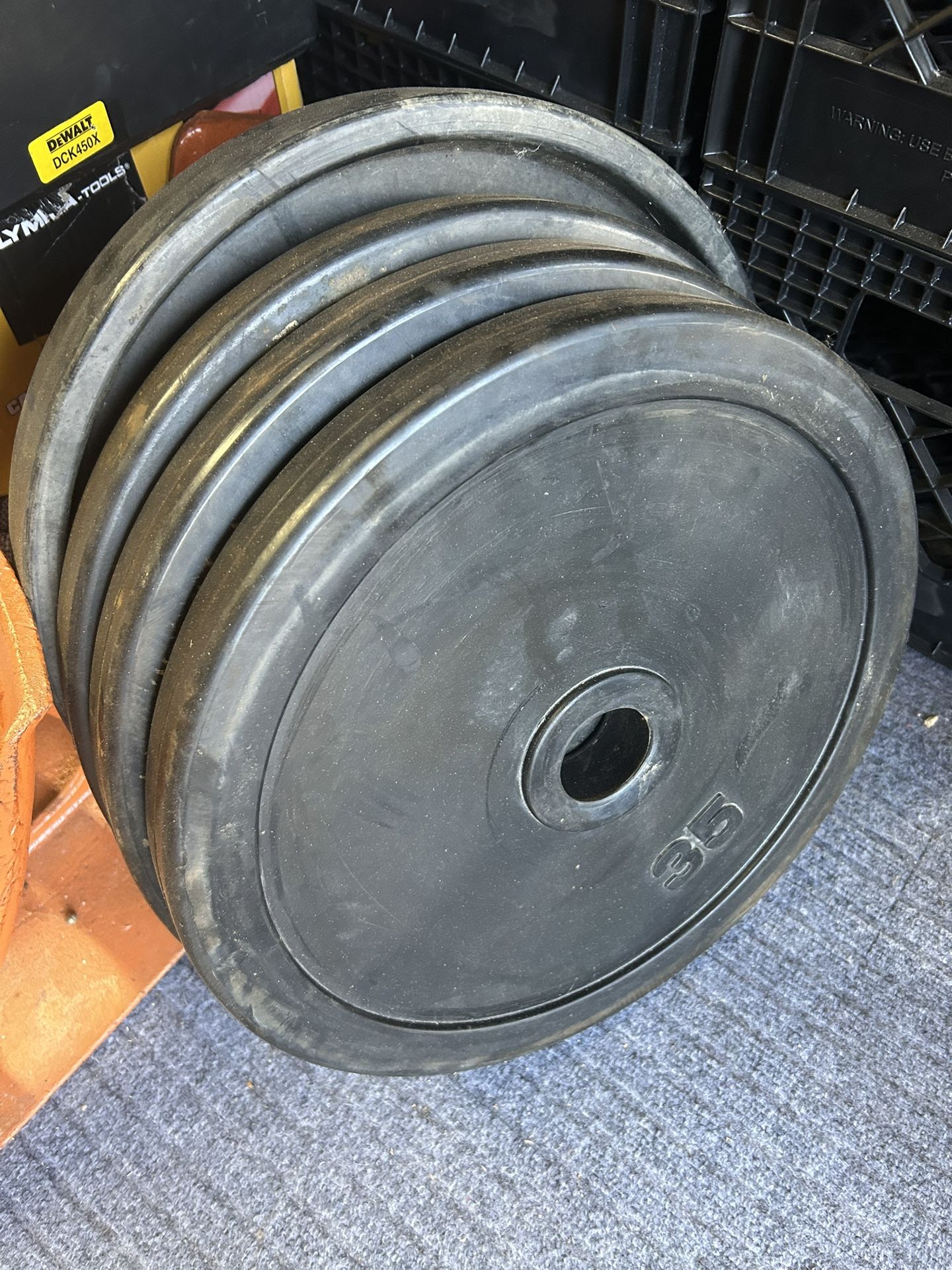 3 - 35lb Olympic 2in Bumper Plates. 1- 45lb Bumper Plate.