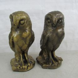 Owls Pair Brass Plated Cast Metal Vintage Statues 8 3/4" Tall-5 Lbs.


