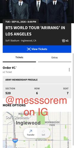BTS Concert Ticket for 09/01 at Sofi Stadium