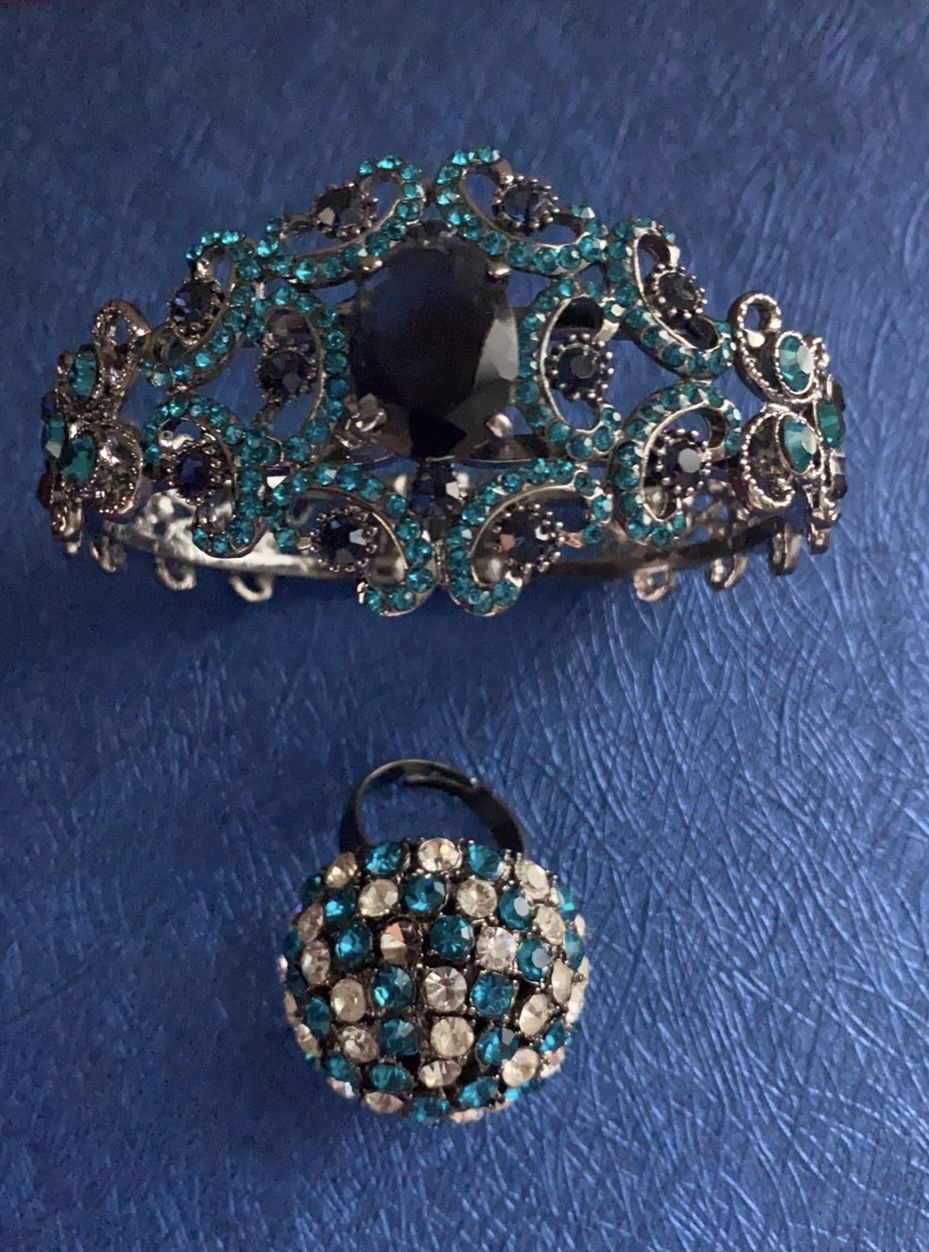 NWOT “Set of Blue Crystals Cuff Bracelet & Ring”