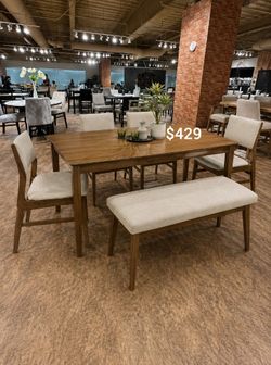 6-pc dining table set with bench mid century modern walnut finish