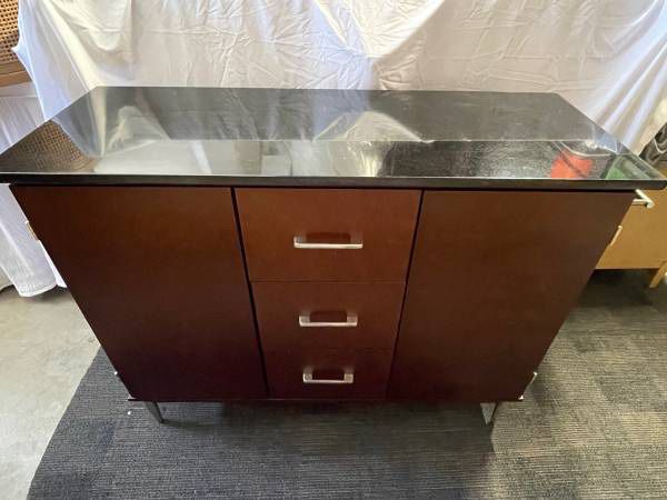New Kitchen Island Black Granite Top Walnut Wood Buffet Sideboard Cabinet