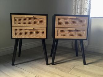 2 Black Wood Rattan Nightstands or Side Tables