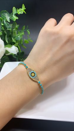 *NO FADE* Adjustable Sterling Silver Plated CZ Zircon Evil Eyes Charm Bracelet
