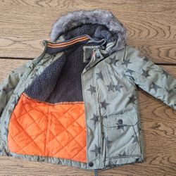NEXT Toddler Boys' Winter Parka with Faux Fur Hood – Star Print, Size 4-5 Years

