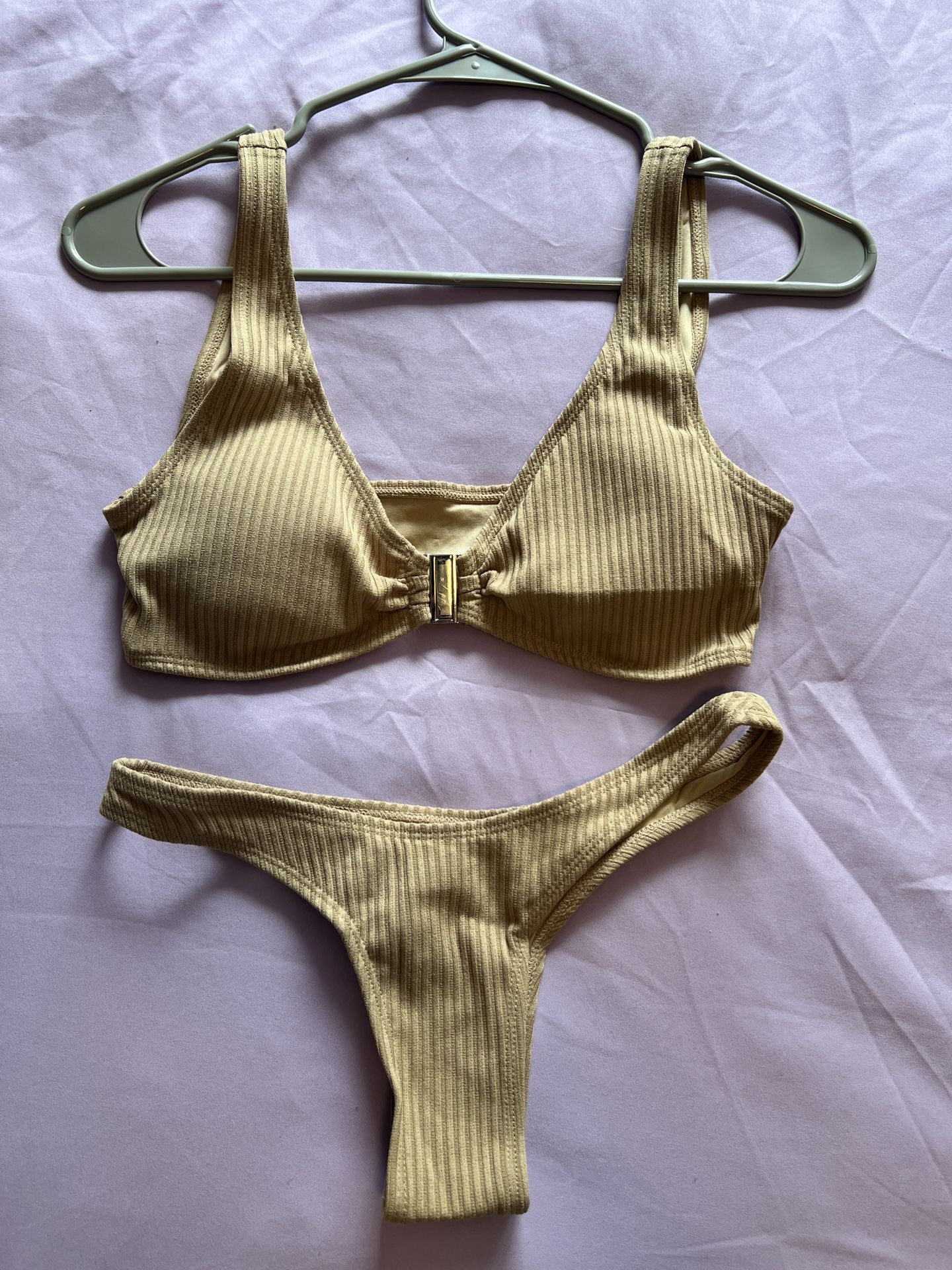 Women’ 2 Piece Ribbed Bikini Sets Wide Straps High Cut Bathing Suit Light Yellow
