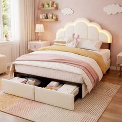🧸 Full Size Upholstered Kids Bed w/ LED Lights & Under-Bed Storage