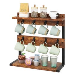 Wooden Coffee Mug Holder for Counter with 10 Hooks, 2-Tier Mug Tree with Top Storage Shelf, Vintage Countertop Cup Stand for Home  19”*16”*7”