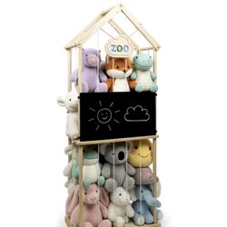 Stuffed Animal Storage Zoo & Stuffed Animal Holder - Wooden Plush Toy Storage for Kids Room | Natural Pine Wood Toy Organizer with Chalkboard and Elas