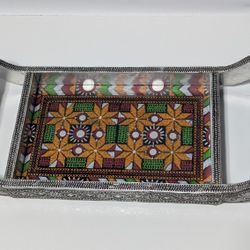 15" Indian Style Ornate Metal Tray with Faux Embroidery Pattern and Wooden Handles

