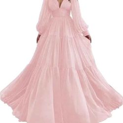Long Sleeve Tulle Prom Dresses V Neck Puffy Evening Party Gown for Women Princess Wedding Dress