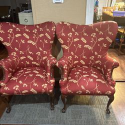 Pair Of Vintage Queen Anne Wing Back Accent Chairs:44x25x20” Red With Floral Design. Good Condition 