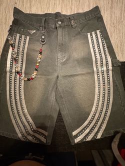Men’s 34 Gray Denim Shorts with Studded Side Stripes