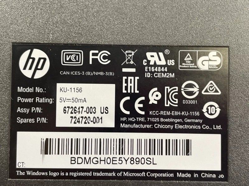 HP 672647-003 USB Desktop Office Keyboard KU-1156 KB57211 724720-001