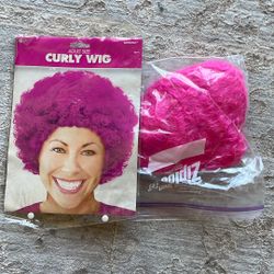 Like New Adult Size Curly Hot Pink Wig Halloween Costume Or Breast Cancer Awareness