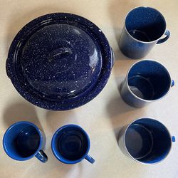 Vintage Blue Enamelware Pot w/Lid And Cups + More
