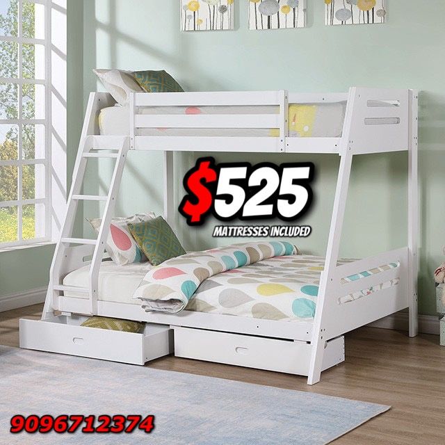 Twin/Full White Bunk bed w. Drawers & Ortho Mattresses Included
