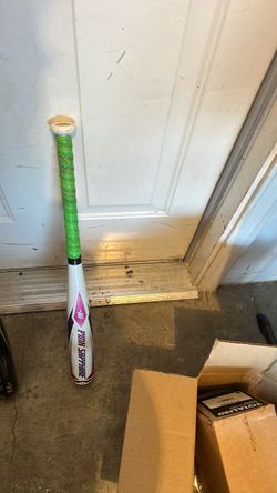 Easton Synergy Fastpitch Softball Bat, featuring a white and purple barrel with a custom green grip tape wrap