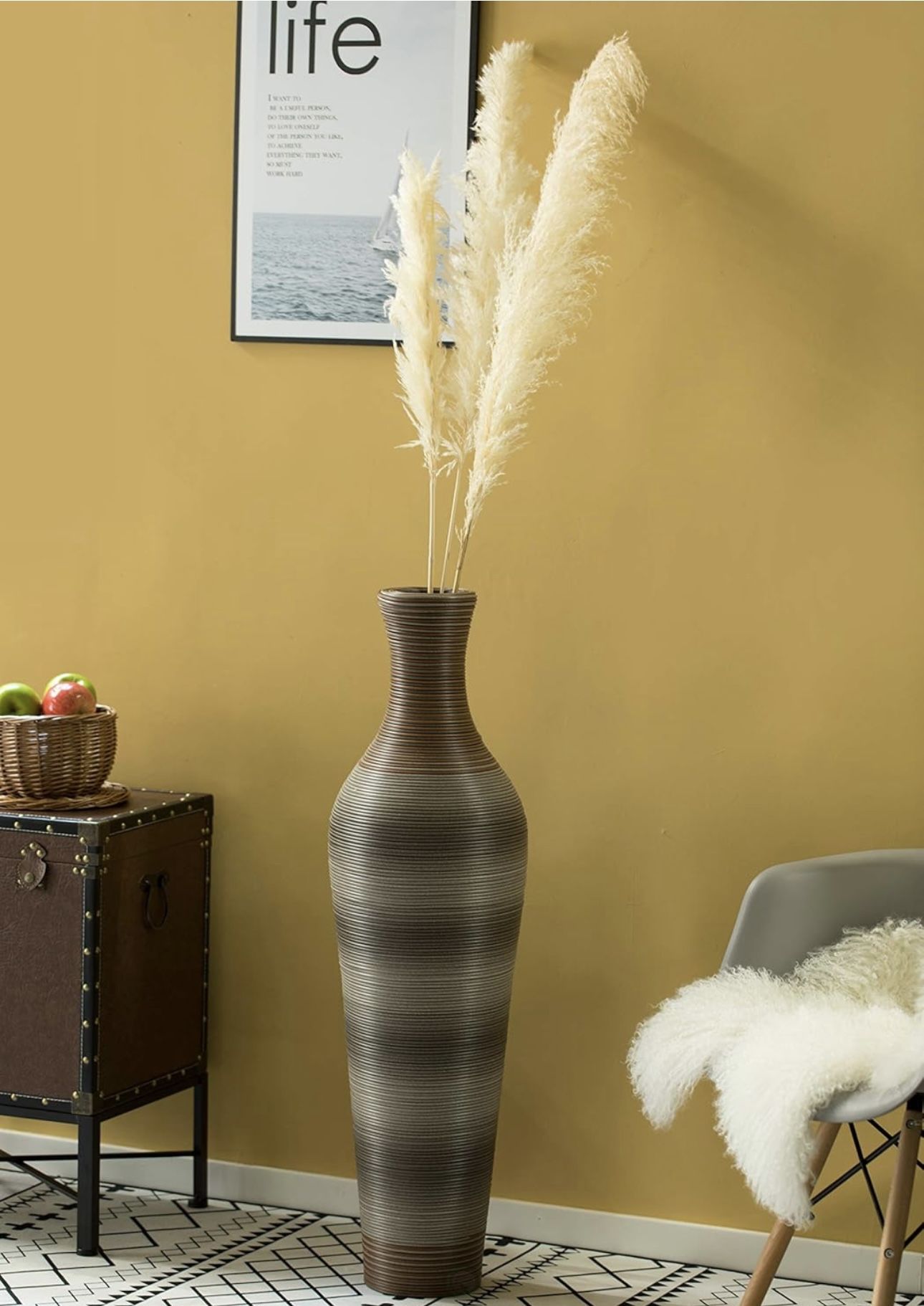 39-Inch-Tall Vase, Brown Decorative Floor Vase, Classic Neat Floor Vase Tall Freestanding Flower Holder, Artificial Rattan Vase, PVC Floor Vase, Flowe