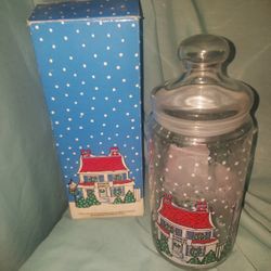 Vintage Dunkin Doughn Winter Holiday Christmas Glass Jar Canister Sealed Lid