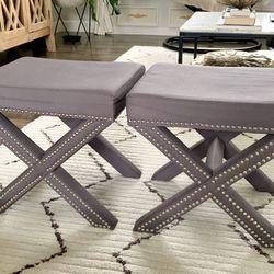 Beautiful Pair Of Gray Nailhead Trim Studded Ottomans/ Accent Benches/ Seatings 