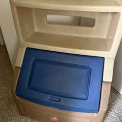 Step2 Lift & Hide Brown and Blue 38" Tall Plastic Toddler Bookcase and Kid Toy Box and Toy Storage