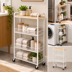 White Metal Rolling Storage Rack with Bamboo Top
