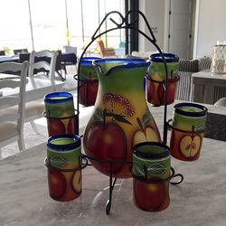 Vintage Mexican Hand Blown and Painted Pitcher … Glasses and Wrought Iron Stand