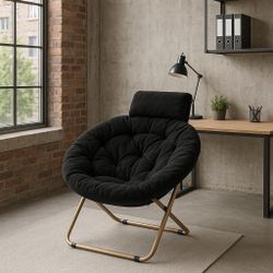 Oversized Black Saucer Chair with Removable Headrest - Comfy Folding Seat