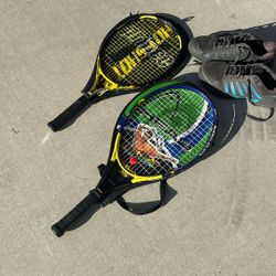 Two Kids Tennis Rackets One Prince One Head In Very Good Condition. Includes Adidas Tennis Shoes, Size 10.