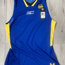 NWT Under Armour Steph Curry Medium Fitted Jersey Blue Yellow Warriors