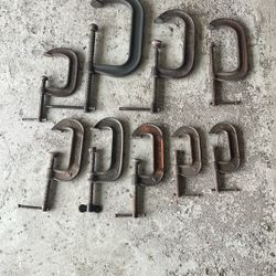 C- clamps- 9 quantity assorted 8 inch, 6 inch, 4 inch, 3 inch, Lheavy duty, Jorgensen, and .