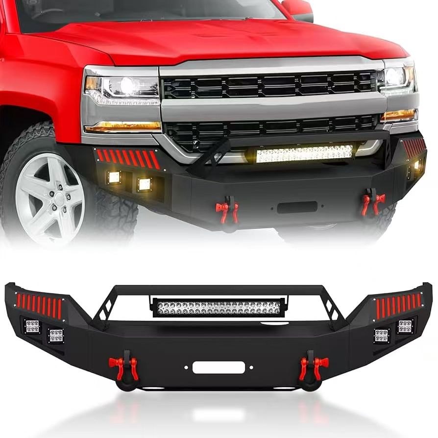 Front Bumper Compatible with 2016 2017 2018 Chevy Chevrolet Silverado 1500 Pickup Truck Bumper with Winch Plate, 5 x LED Lights, Paintable Decor & D-r