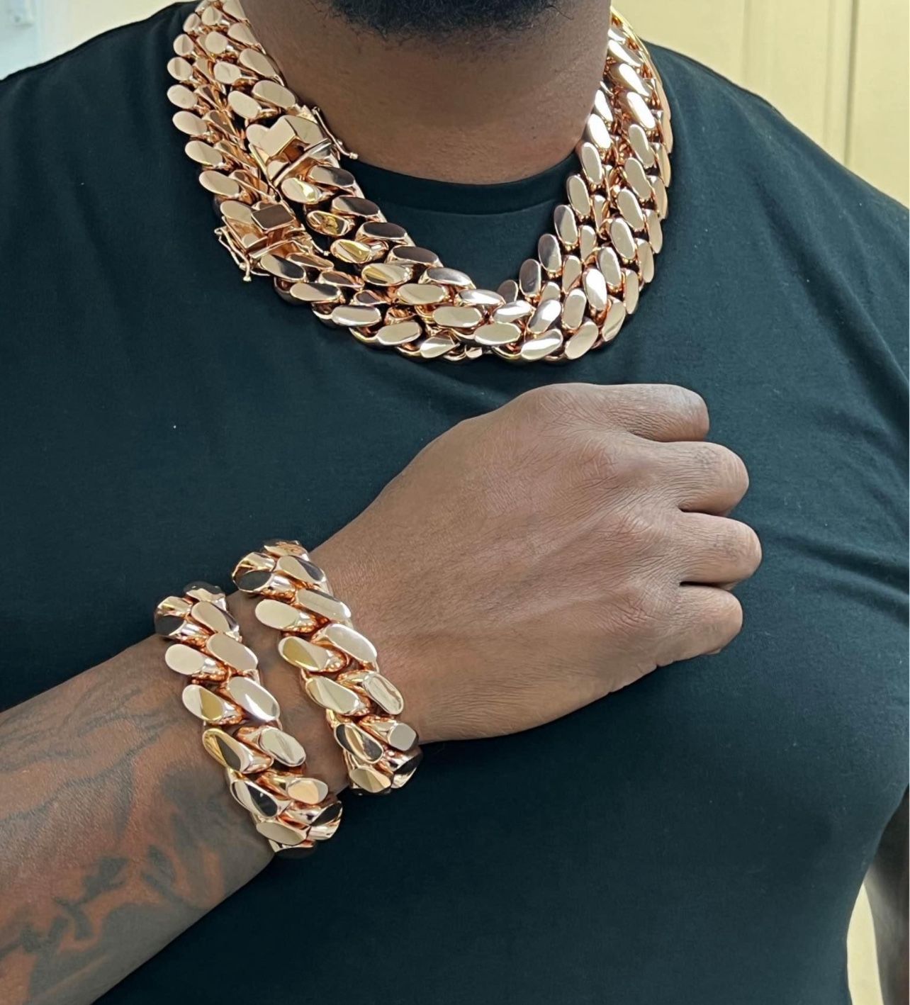 Set Chain & Bracelet 20mm Miami Cuban Link Pink Red Rose Gold Plated Chain Necklace 18k & 14k Crab Old School Regular Lock